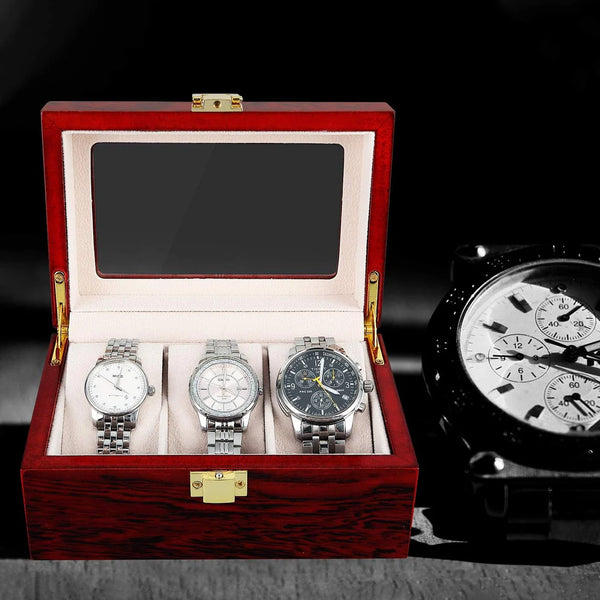 3 Grids Watch Box Storage Case Organizer Jewellery Display Wooden for Men